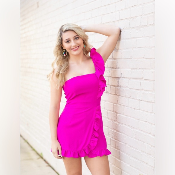 Dresses & Skirts - Bright Pink One-Shoulder Ruffle Dress